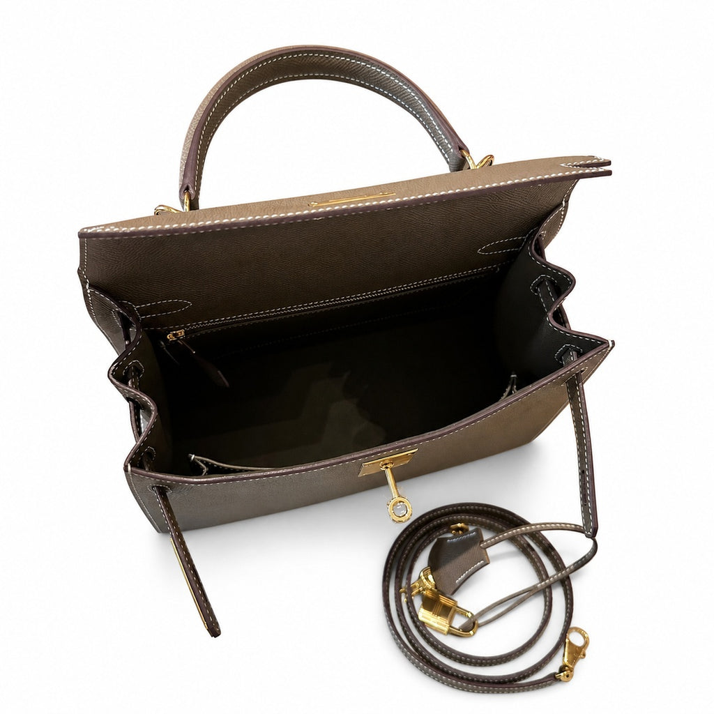 Kelly 28cm in Elephant Gray Epsom Leather with Gold Buckle Handmade — Streamlined Top-Handle Handbag