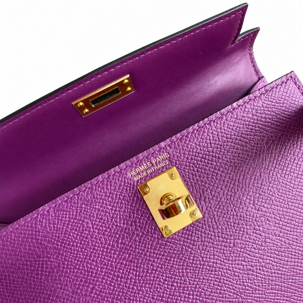 handmade Mini Kelly II 19cm imported Epsom Leather sea anemone purple Gold Buckle — Elegant Compact Carry Style