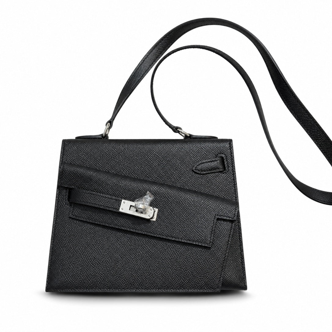 Kelly Double-Sided Epsom Leather in Black with Silver Buckle — Elegant Structured Carry Style
