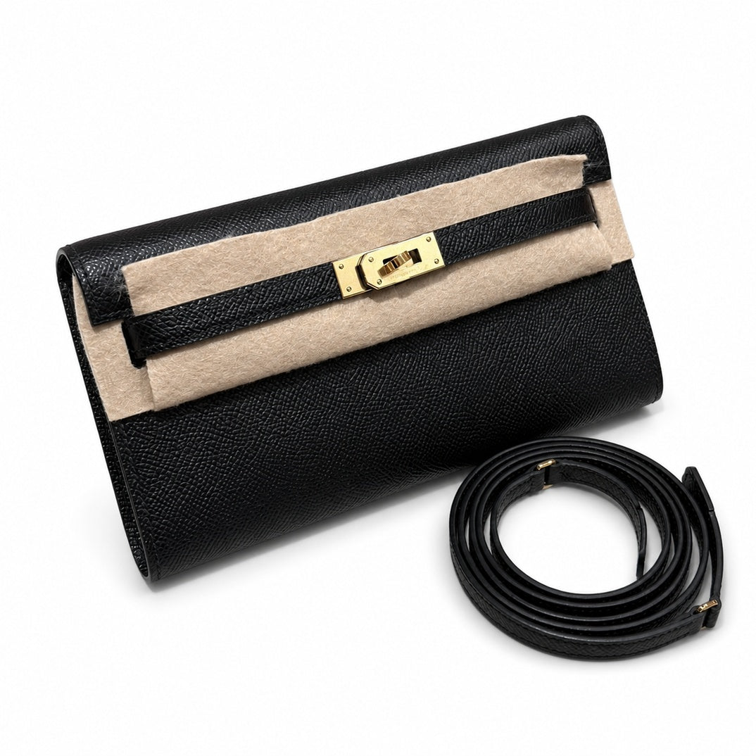 Kelly to go Color: ck89/Noir Size: 19*11.5*1.5cm Leather: Epsom Hardware: Gold shoulder crossbody bag, clutch bag, Black, cowhide, Gold Buckle — Refined Small Hand-Carry Bag