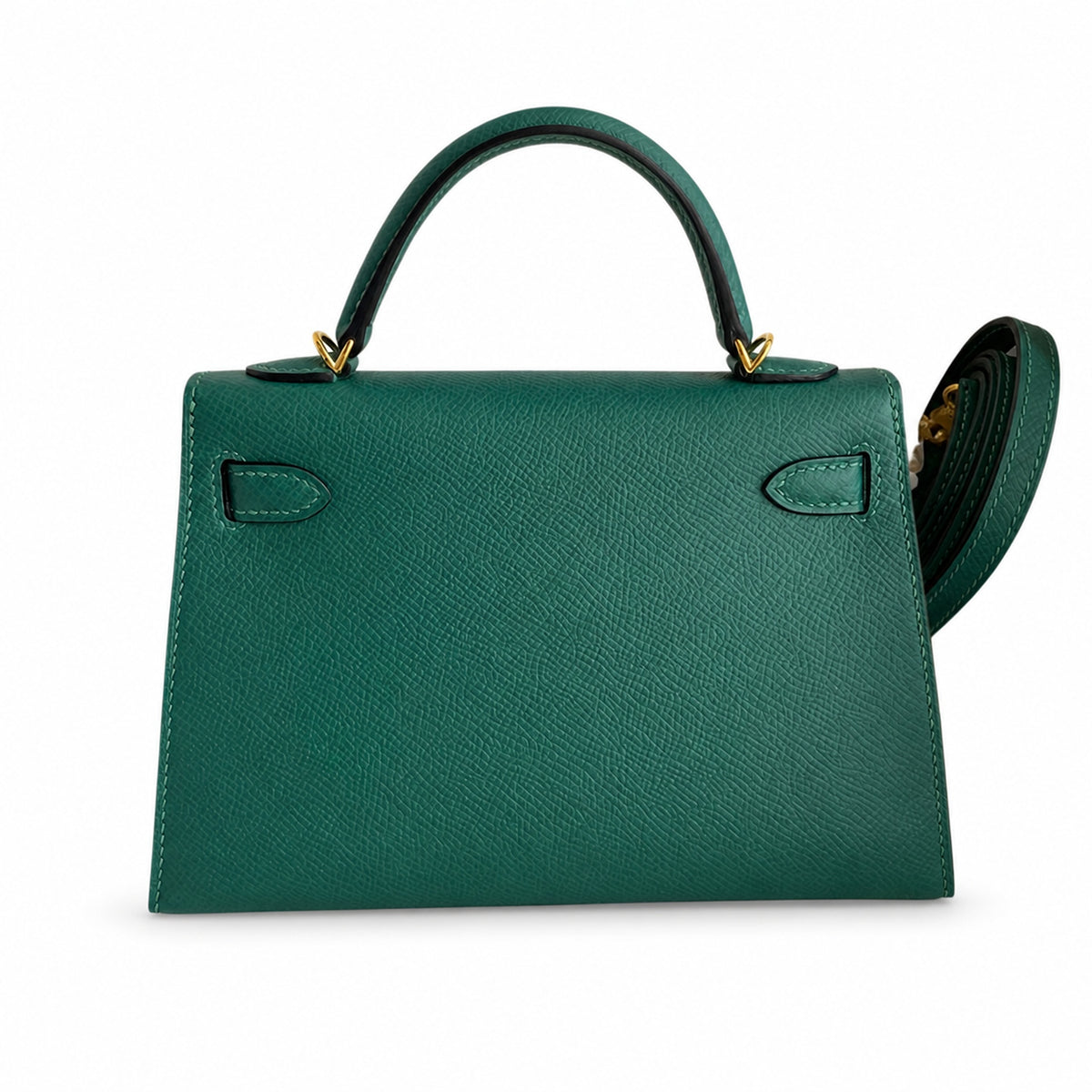 handmade Mini Kelly II 19cm imported Epsom Leather malachite green Gold Buckle — Polished Compact Handbag