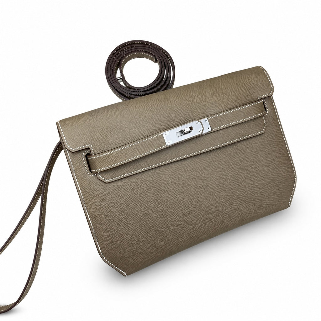 Kelly Depeches 25cm Epsom Leather, 18 Elephant Gray, Silver Buckle — Structured Hand-Carry Clutch