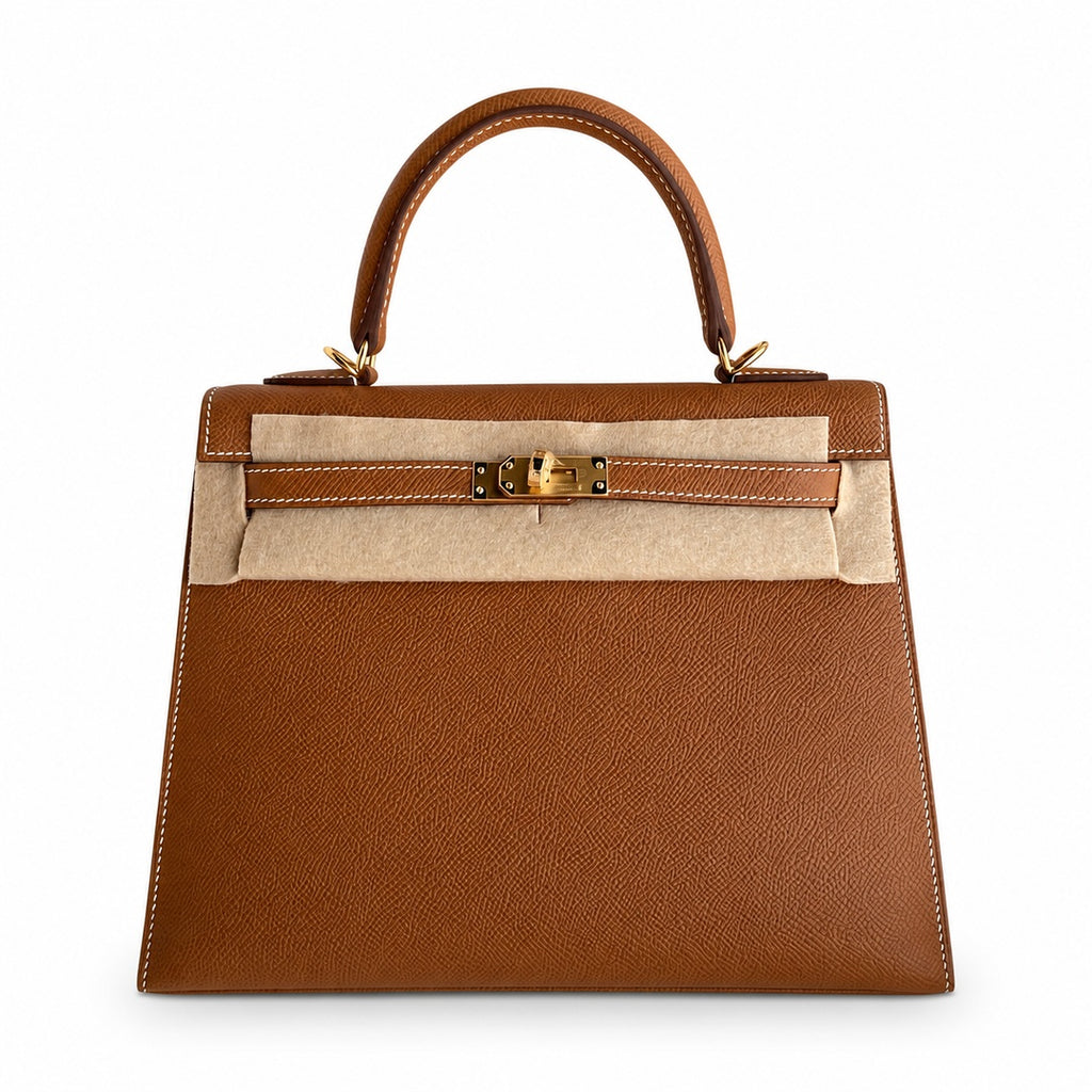 Kelly 25 Golden Brown Gold Buckle Epsom pure hand sewing wax thread — Streamlined Top-Handle Handbag