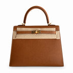 Kelly 25 Golden Brown Gold Buckle Epsom pure hand sewing wax thread — Streamlined Top-Handle Handbag