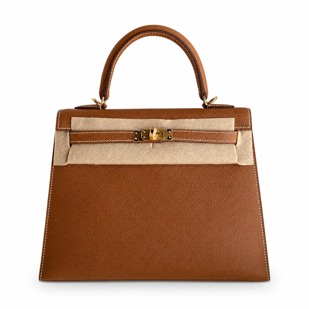 Kelly 25 Golden Brown Gold Buckle Epsom pure hand sewing wax thread — Streamlined Top-Handle Handbag