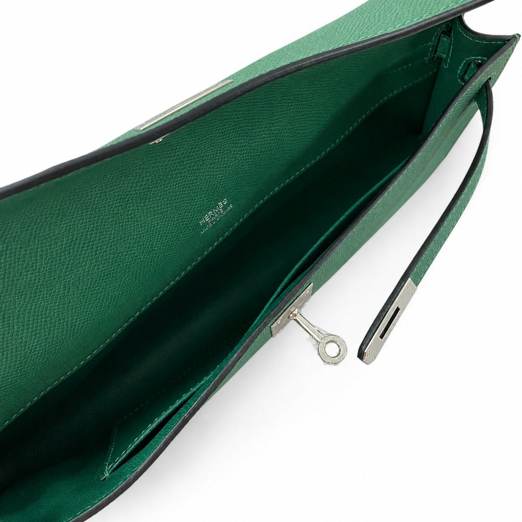Kelly cut 31 clutch Epsom malachite green Silver Buckle — Sophisticated Evening Clutch