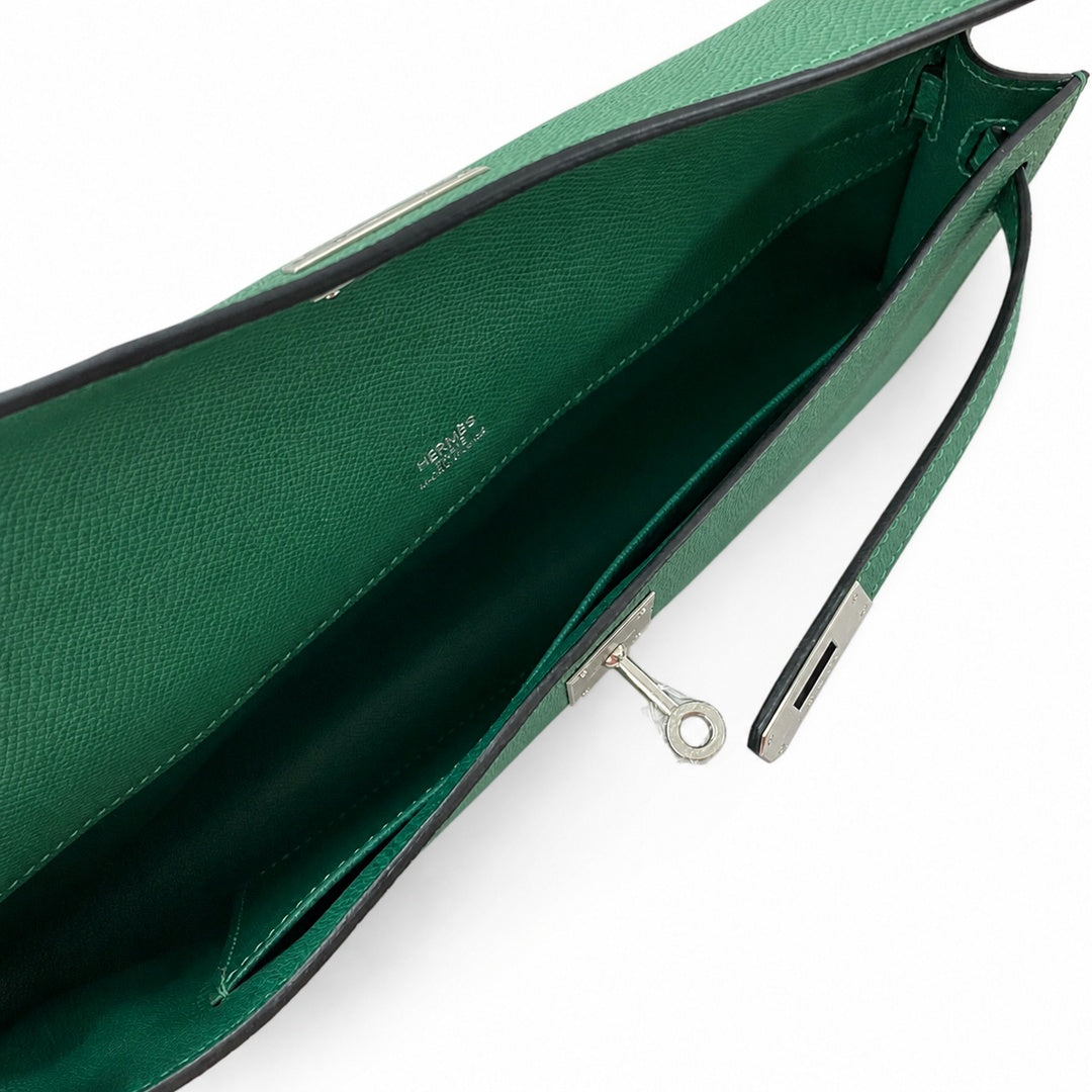 Kelly cut 31 clutch Epsom malachite green Silver Buckle — Sophisticated Evening Clutch