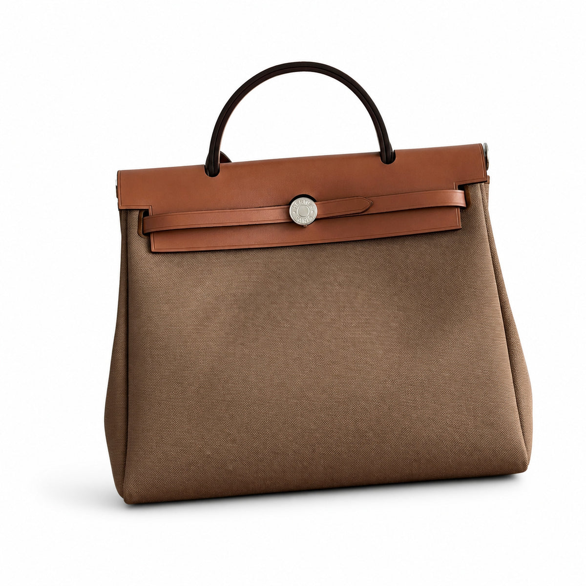 Herbag 31cm Saddle-Inspired Canvas Body with Leather Handle and Shoulder Strap — Structured Leather-Trimmed Canvas Carryall