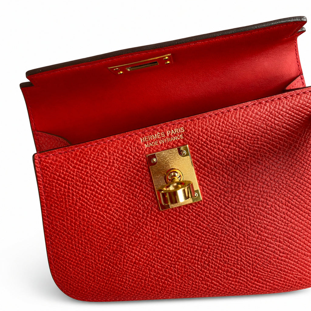 handmade Mini Kelly II 19cm imported Epsom Leather heart Red Gold Buckle — Polished Compact Handbag