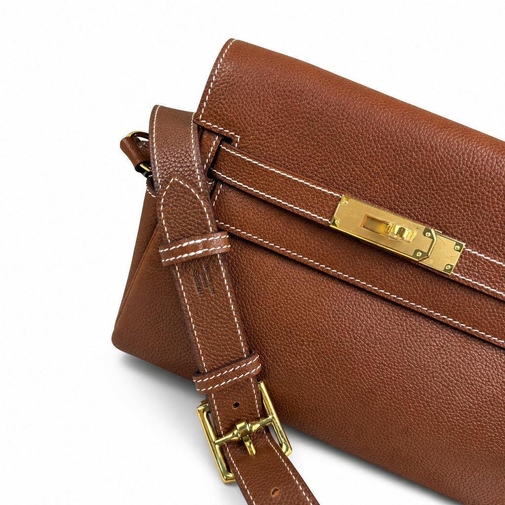 Kelly Messenger messenger bag for men and women, Fubao leather Gold Brown Gold Buckle, imported leather, all-steel hand-waxed thread, the highest — Versatile Structured Bag
