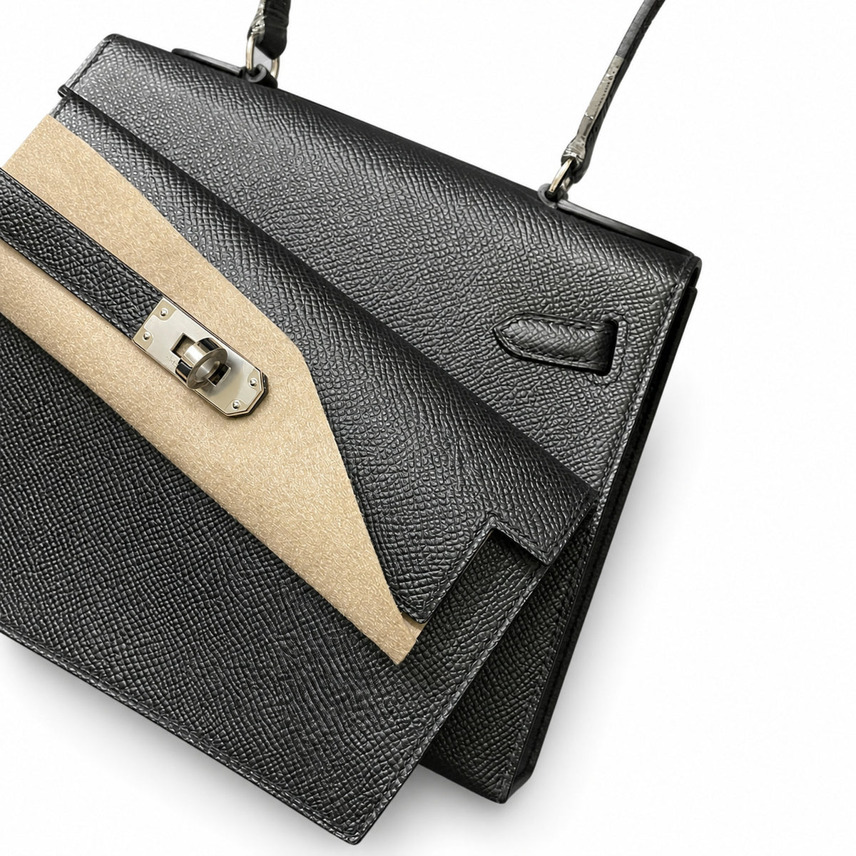 Kelly Desordre 20cm Sellier double-sided Epsom original palm print leather ck89 Black Noir Silver Buckle PHw top hand sewing — Refined Reversible Carry Design