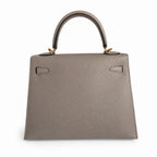 Kelly 25 M8 asphalt gray Gold Buckle Epsom pure handmade wax thread — Refined Top-Handle Bag