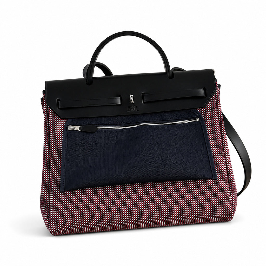 Herbag 31cm Saddle-Inspired Canvas Body with Leather Handle and Shoulder Strap — Distinctive Leather-Trimmed Canvas Design