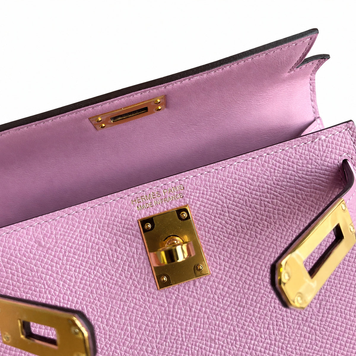 handmade Mini Kelly II 19cm imported Epsom Leather, malva purple, Gold Buckle — Polished Compact Handbag