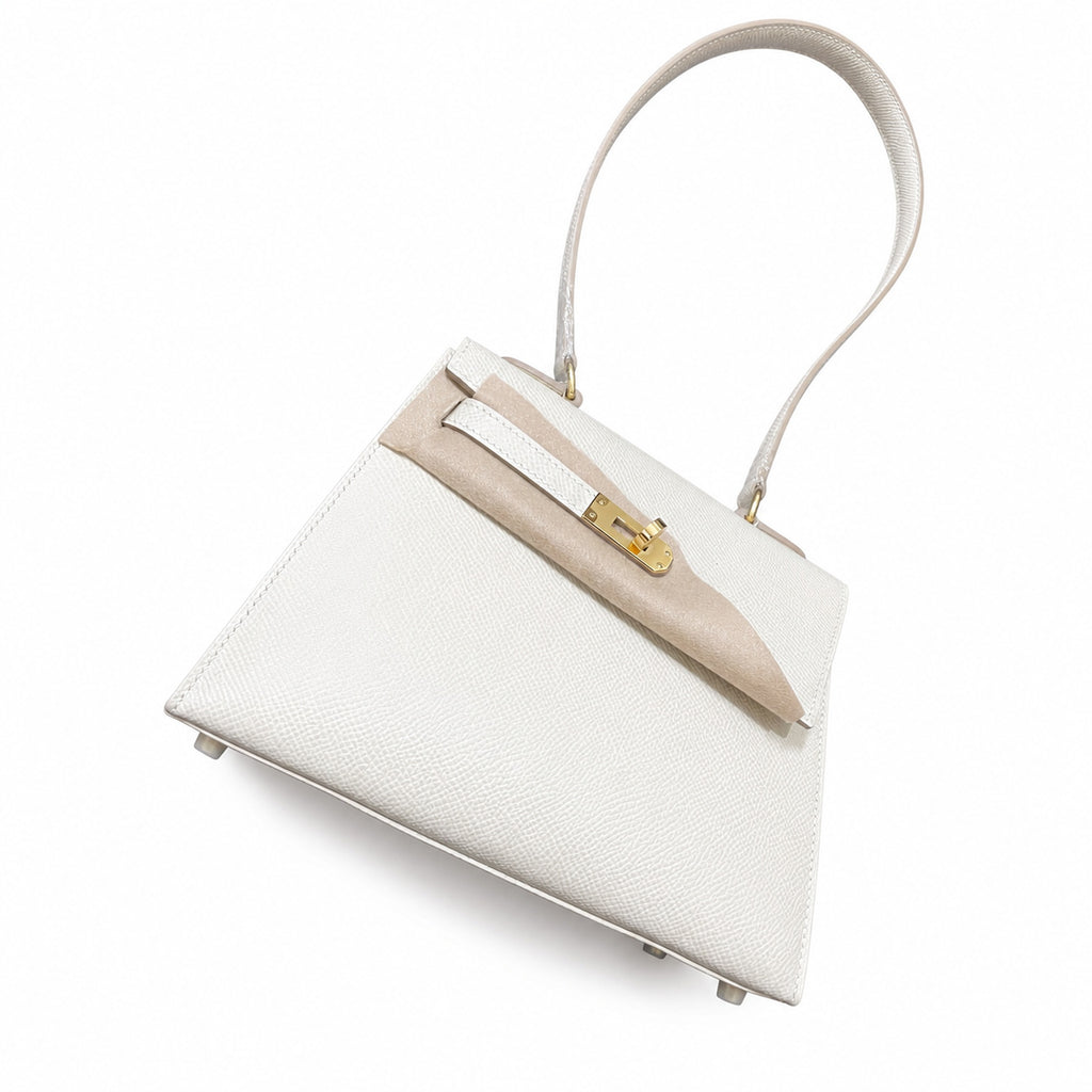 Kelly Desordre 20cm Sellier double-sided Epsom original palm print leather ck10 Milkshake White Craie Gold Buckle GHw top hand sewing — Double-Sided Structured Handbag