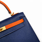 Kelly 25 sapphire blue with classic orange Epsom frosted Gold Buckle handmade — Elegant Structured Carry Style