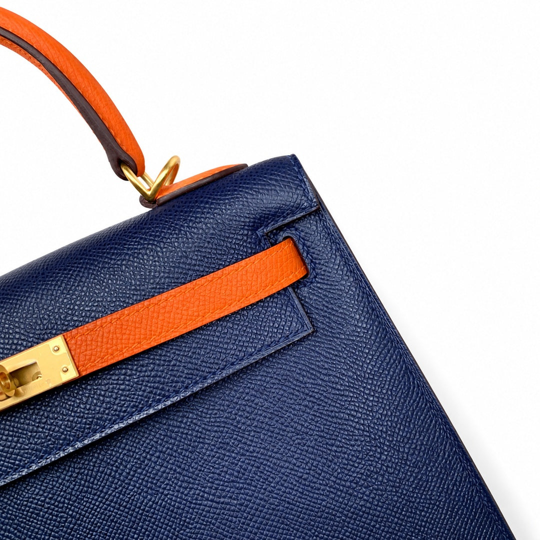 Kelly 25 sapphire blue with classic orange Epsom frosted Gold Buckle handmade — Elegant Structured Carry Style