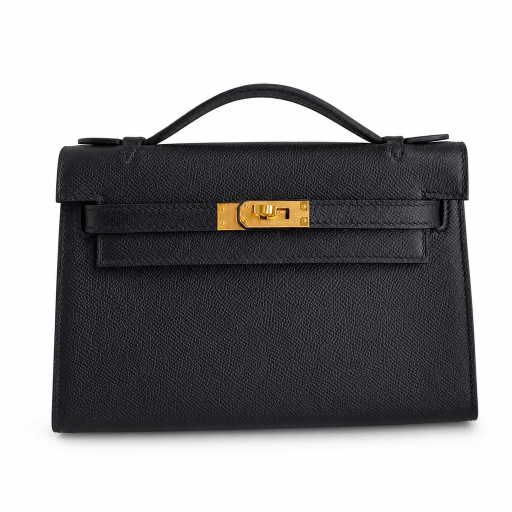First generation handbag evening bag Kelly 22cm Epsom Leather Black Gold Buckle wax thread — Refined Top-Handle Bag