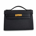 First generation handbag evening bag Kelly 22cm Epsom Leather Black Gold Buckle wax thread — Refined Top-Handle Bag