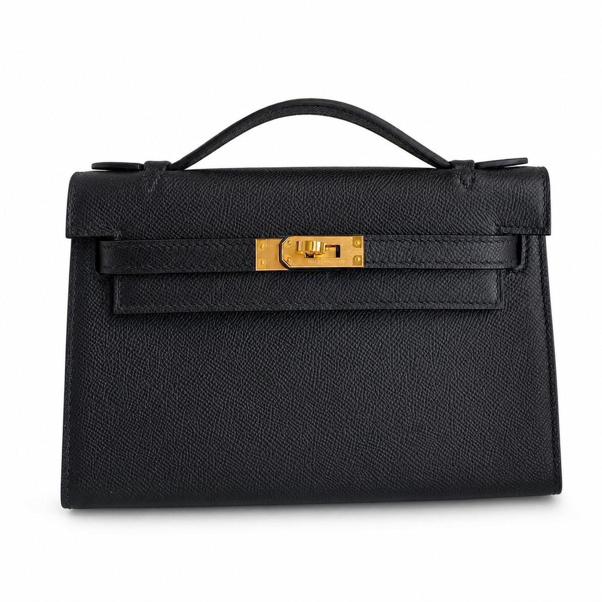 First generation handbag evening bag Kelly 22cm Epsom Leather Black Gold Buckle wax thread — Refined Top-Handle Bag