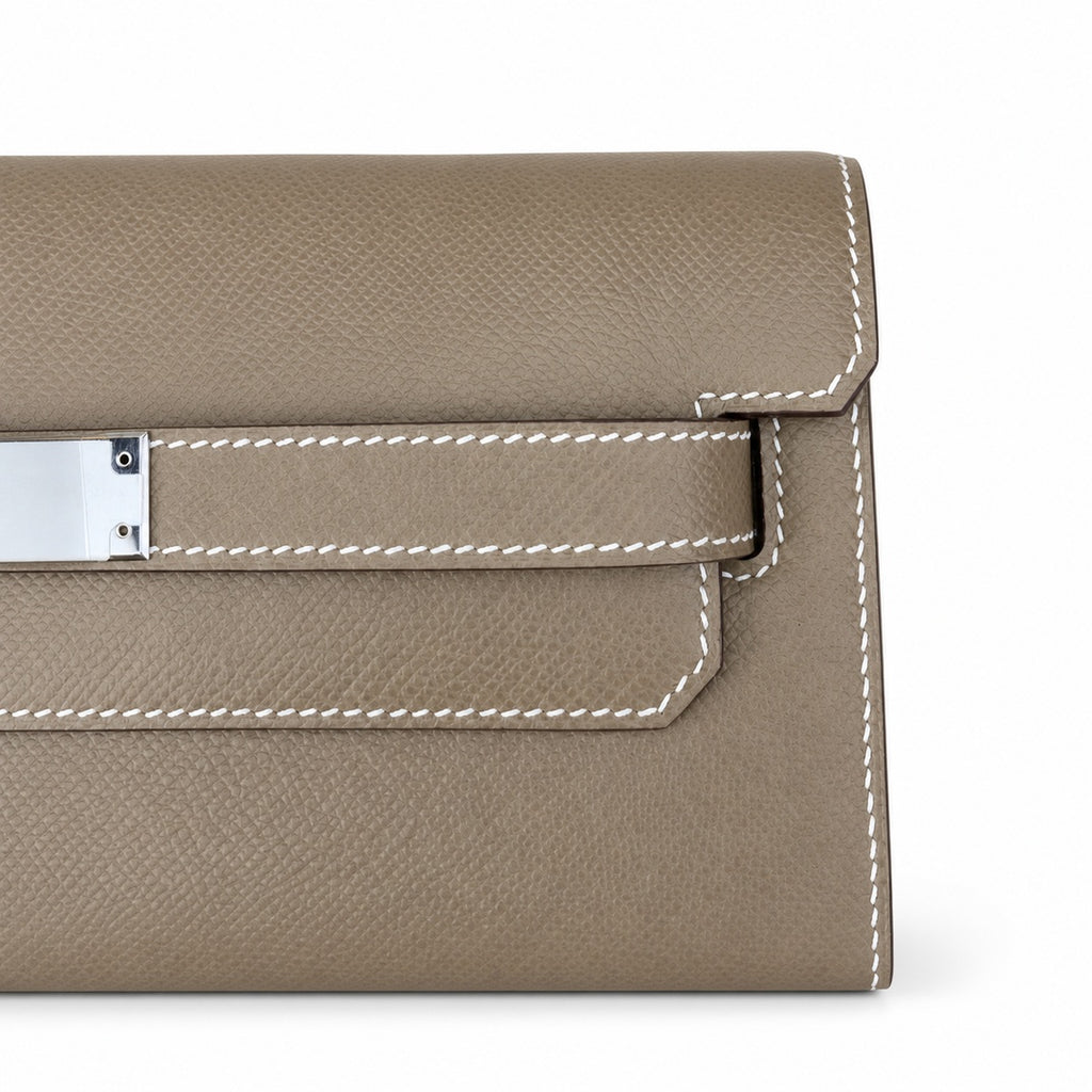Structured Hand-Carry Clutch: Kelly Depeches 25cm Epsom Leather, 18 Elephant Gray, Silver Buckle