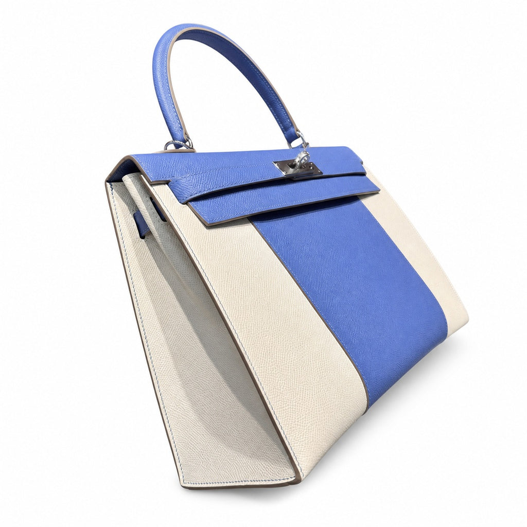 Kelly 32cm Epsom Leather 10 Craie Milkshake White R2 Blue Agate Bright Blue Top Handmade — Polished Structured Handbag