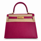 Kelly 28 L3 Rose Purple Epsom Gold Buckle, handmade with wax thread — Streamlined Top-Handle Handbag