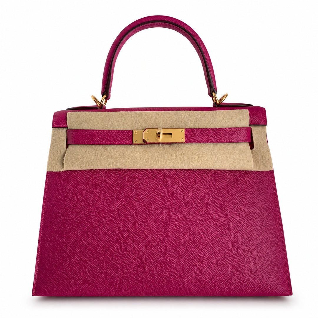 Kelly 28 L3 Rose Purple Epsom Gold Buckle, handmade with wax thread — Streamlined Top-Handle Handbag
