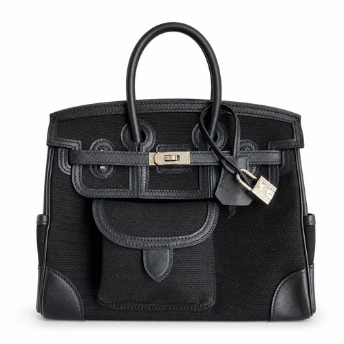 Birkin Cargo 25 All Black Swift Leather and Canvas Multi-Pocket Bag — Elegant Hand-Carry Design
