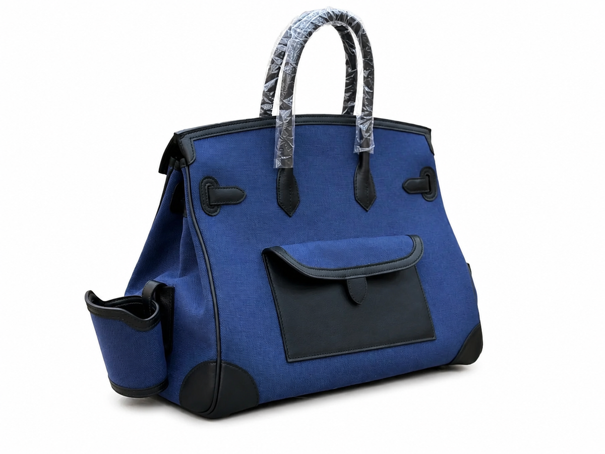 Birkin Cargo 35 in Bleu Marine Toile Goéland and Swift Leather (Palladium Hardware) — Streamlined Structured Bag