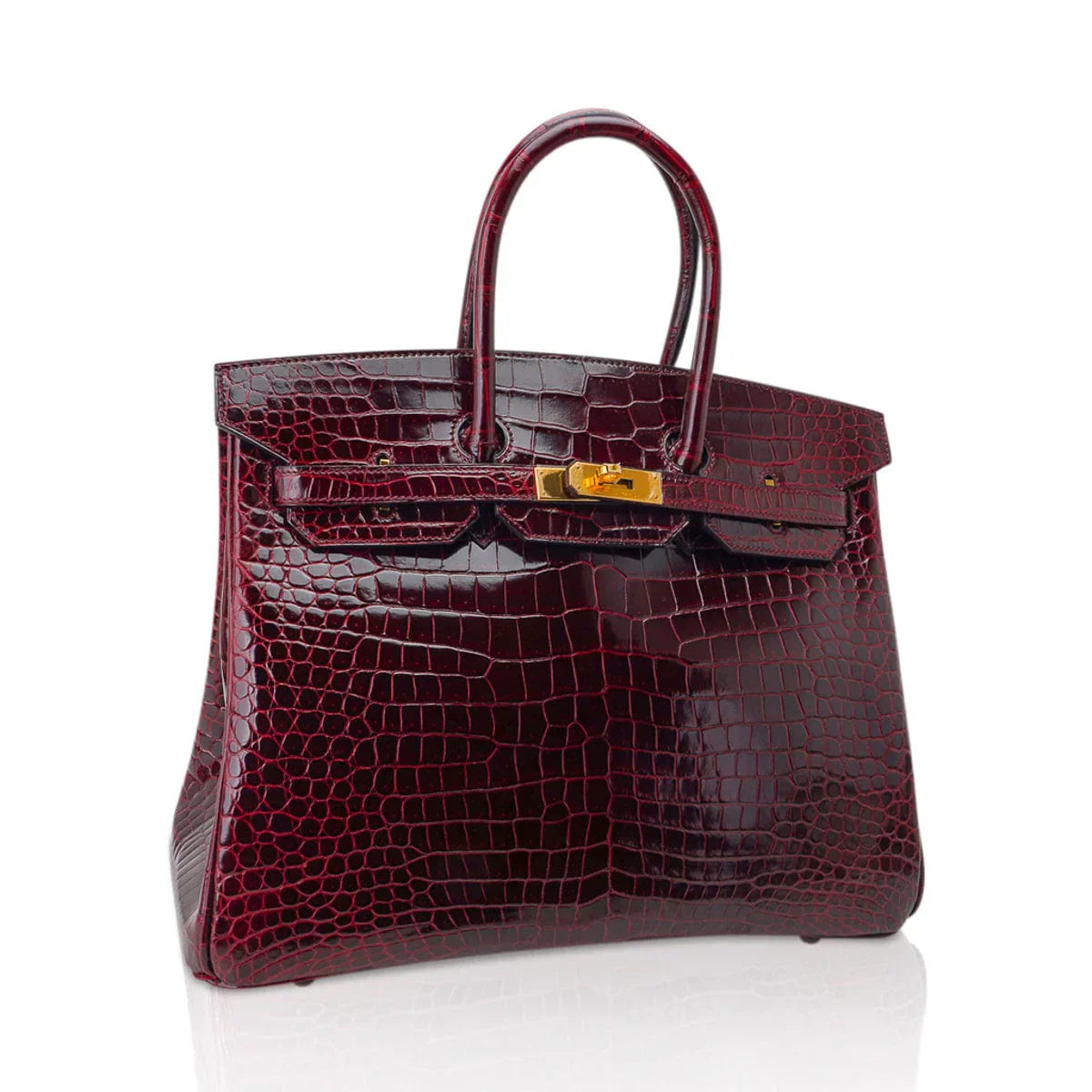 Birkin 35 Bag Bordeaux Porosus Crocodile with Gold Hardware — Polished Top-Handle Bag