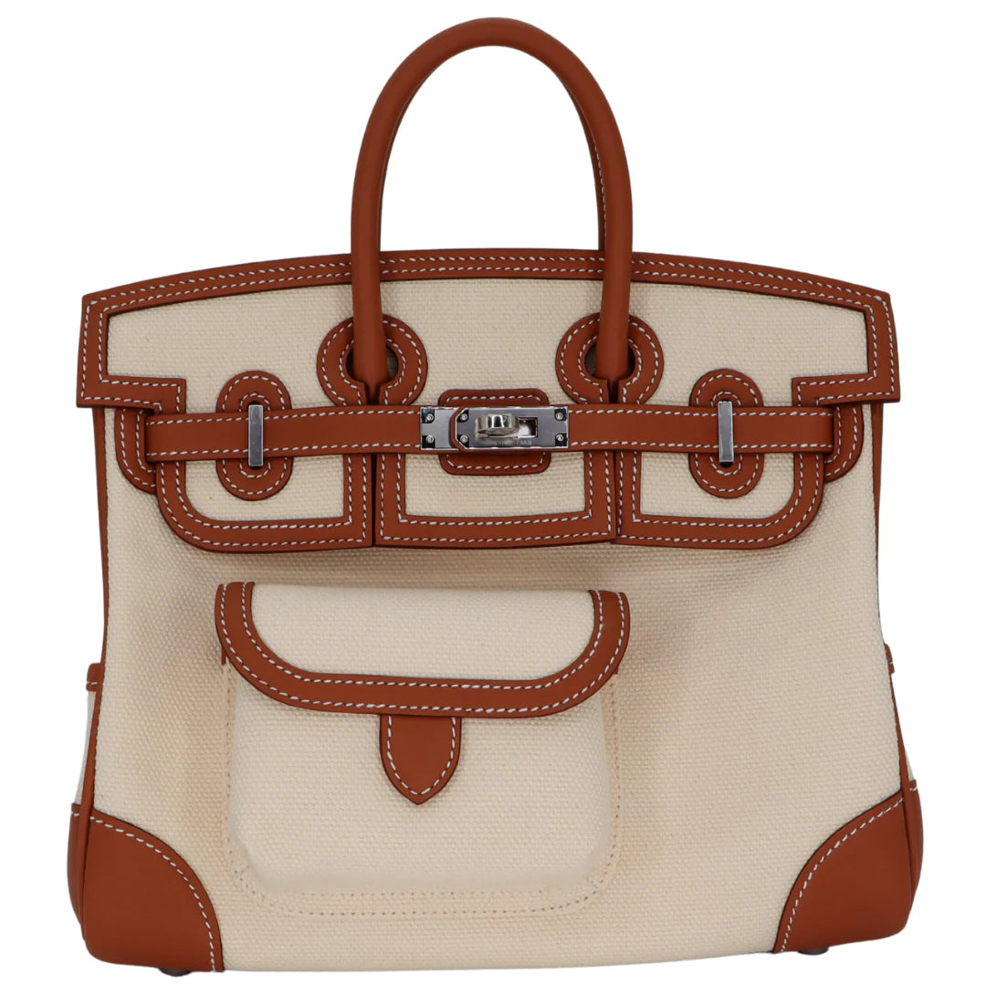 Multi-Pocket Birkin Cargo 25cm Tote in Gold Brown Leather & Canvas — Polished Top-Handle Bag