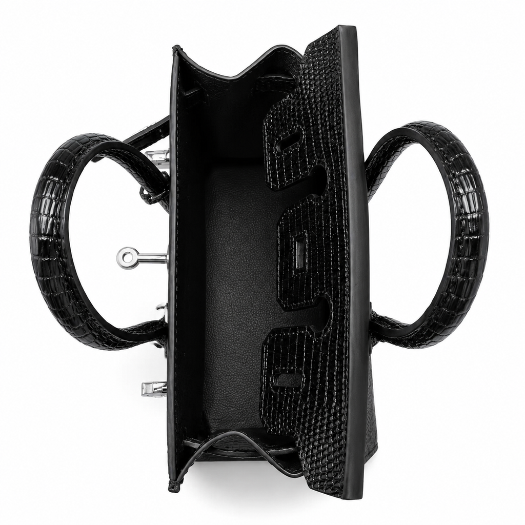Mini Birkin 20cm Outer Stitching Tote Bag in Black Lizard Pattern — Distinctive Carryall Silhouette