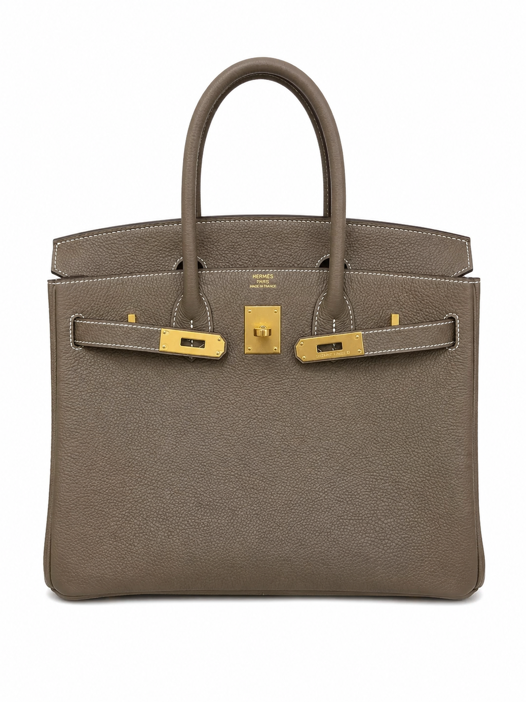 Birkin 30 Retourne in Etoupe Togo Leather with White Stitching (Gold Hardware) — Distinctive Carryall Silhouette