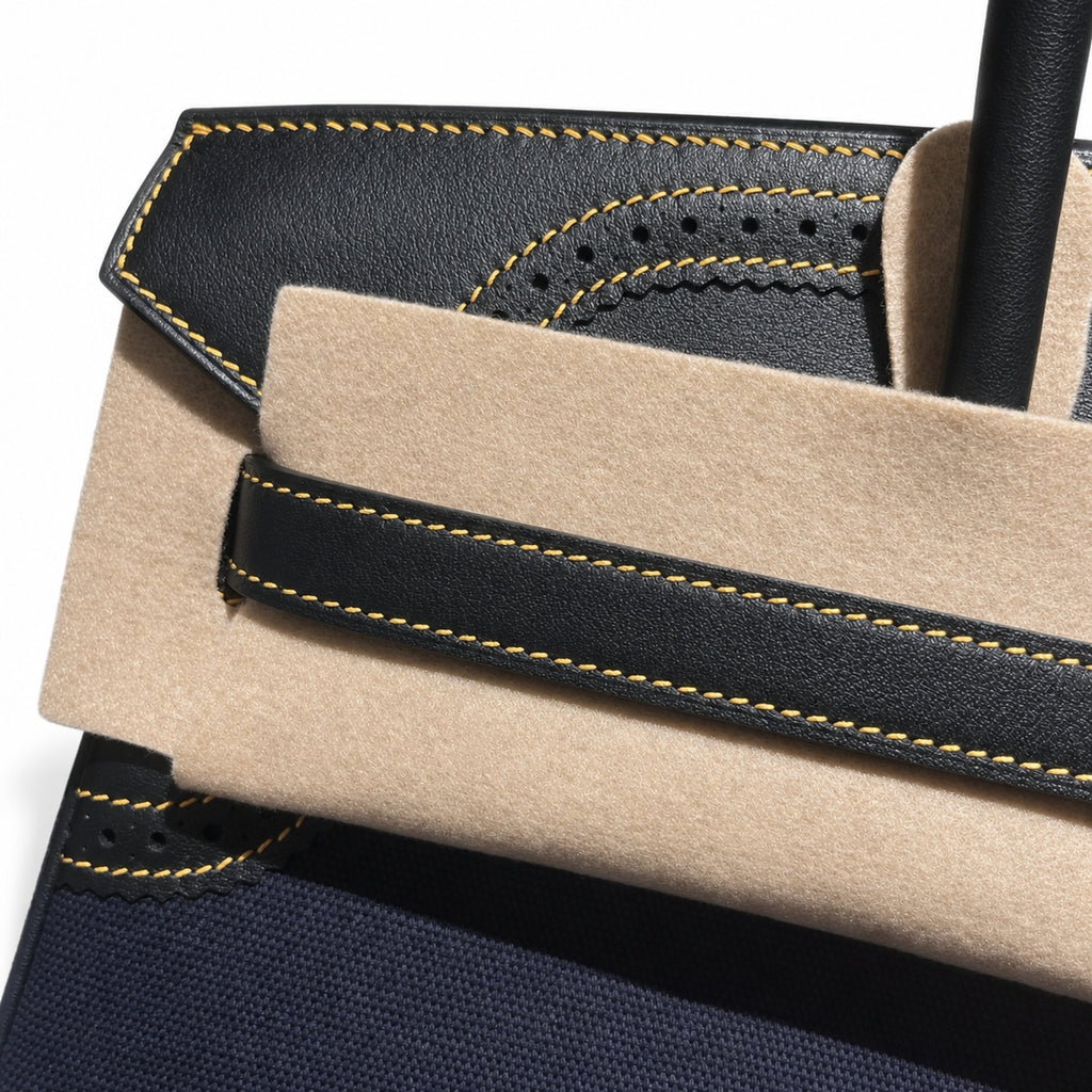 Birkin Ghillies 30 Black Leather and Navy Blue Denim Splicing Bag — Refined Structured Tote