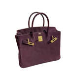 Birkin 30 Retourne in Bordeaux Suede Grizzly with White Stitching (Gold Hardware) — Classic Hand-Carry Tote