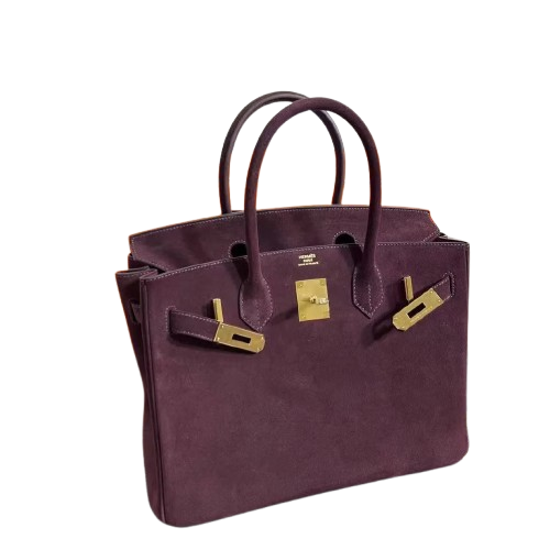 Birkin 30 Retourne in Bordeaux Suede Grizzly with White Stitching (Gold Hardware) — Classic Hand-Carry Tote