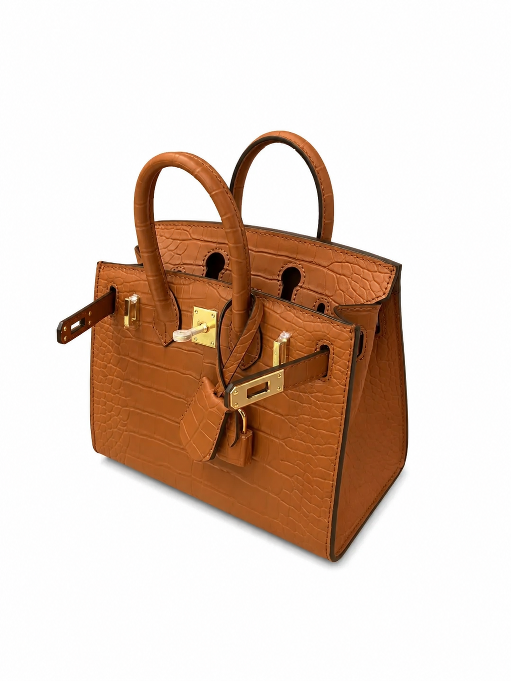 Mini Birkin 20cm Outer Stitching Tote Bag in Classic Gold Crocodile Pattern — Classic Hand-Carry Tote