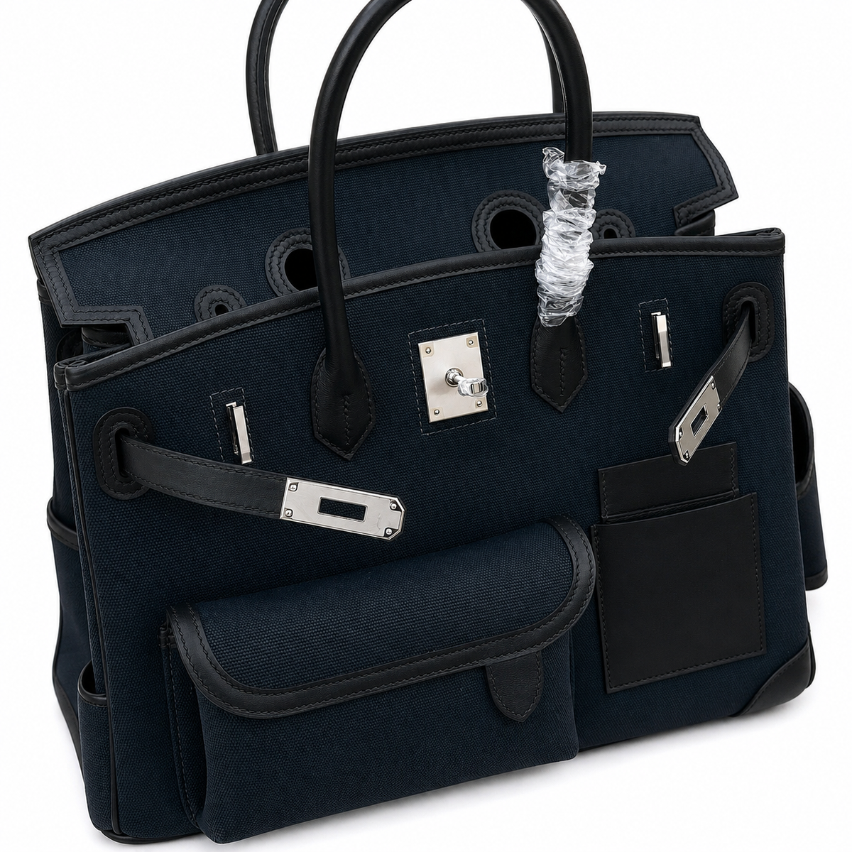Birkin Cargo 35 in Bleu Nuit Toile Goéland and Noir Swift Leather (Palladium Hardware) — Polished Top-Handle Bag