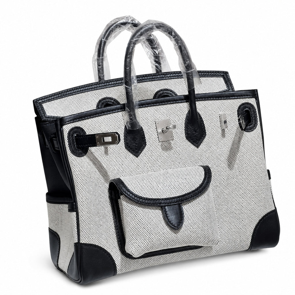 Birkin Cargo 25 Black Leather and Ecru Canvas Multi-Pocket Mini Bag — Classic Hand-Carry Tote