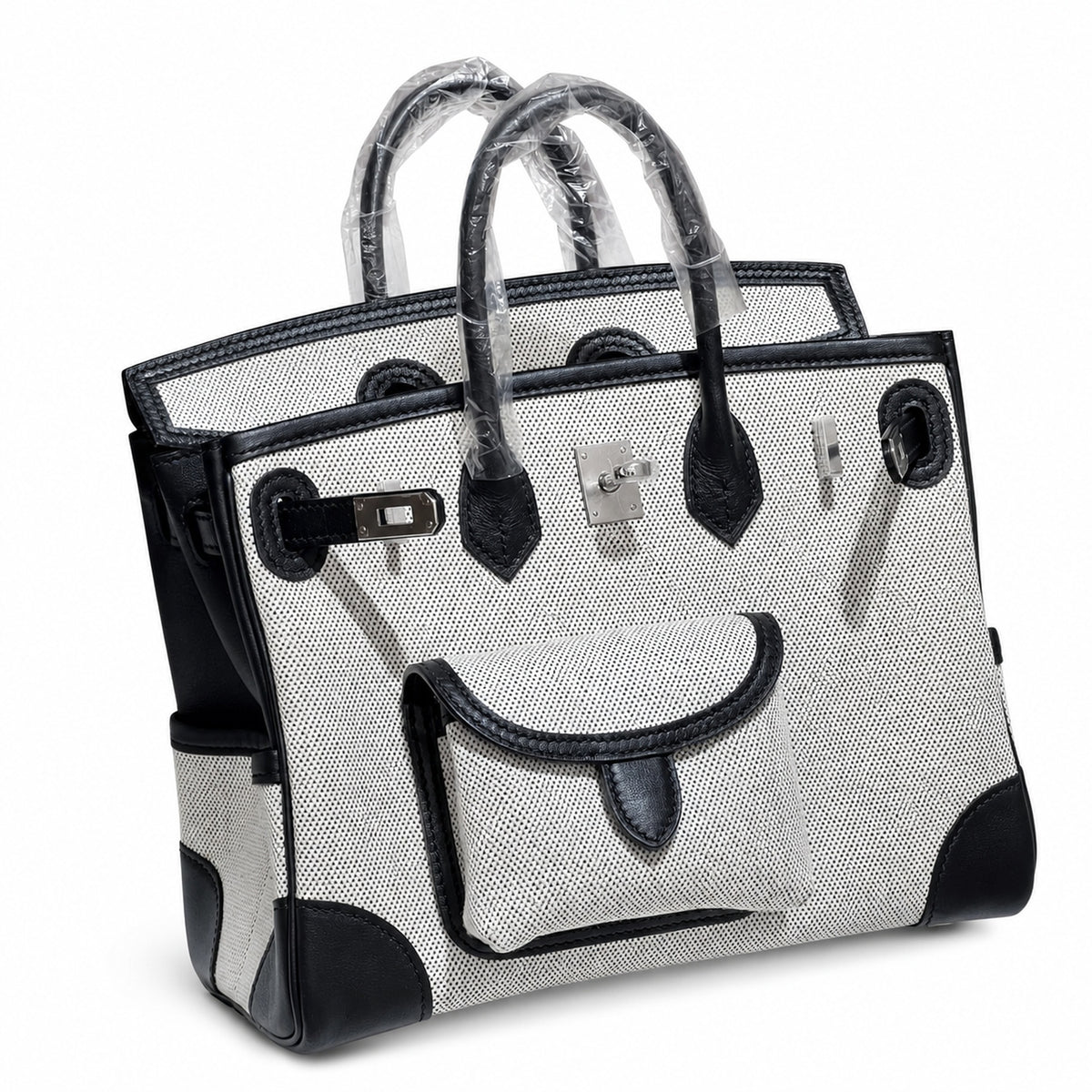Birkin Cargo 25 Black Leather and Ecru Canvas Multi-Pocket Mini Bag — Classic Hand-Carry Tote