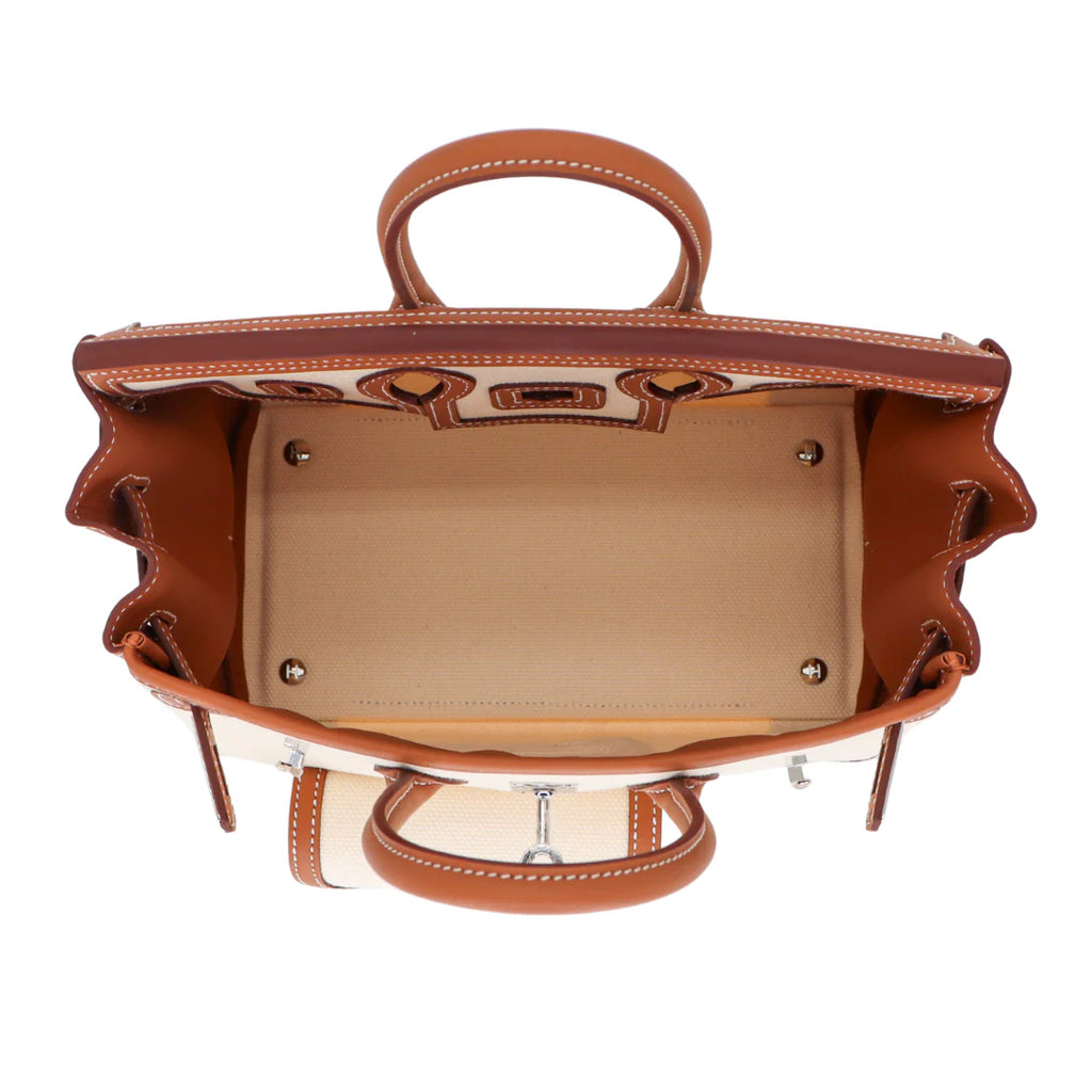Multi-Pocket Birkin Cargo 25cm Tote in Gold Brown Leather & Canvas — Polished Top-Handle Bag