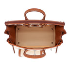 Multi-Pocket Birkin Cargo 25cm Tote in Gold Brown Leather & Canvas — Polished Top-Handle Bag