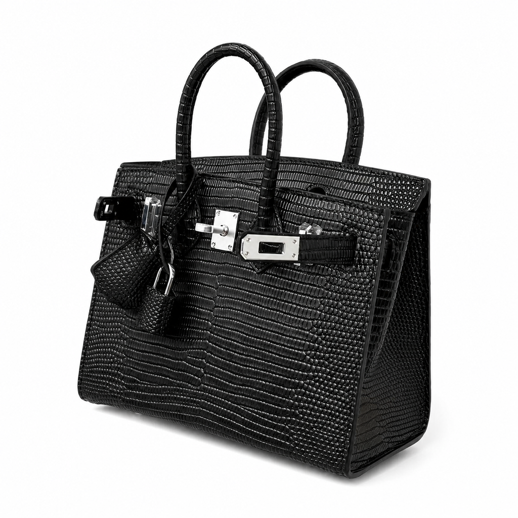Mini Birkin 20cm Outer Stitching Tote Bag in Black Lizard Pattern — Distinctive Carryall Silhouette