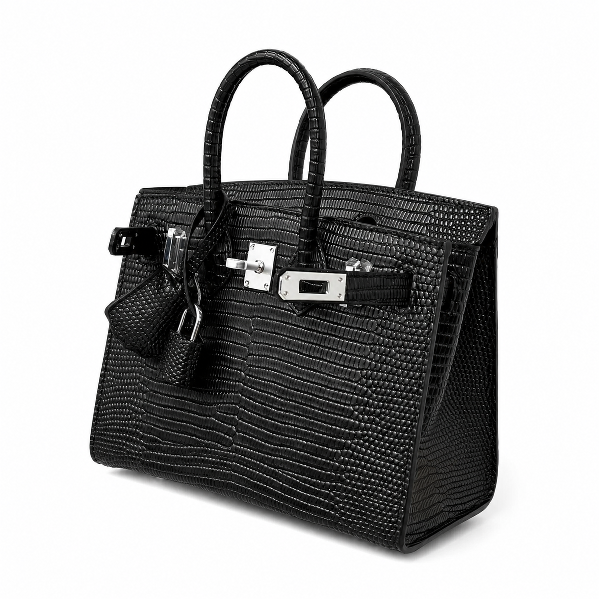 Mini Birkin 20cm Outer Stitching Tote Bag in Black Lizard Pattern — Distinctive Carryall Silhouette