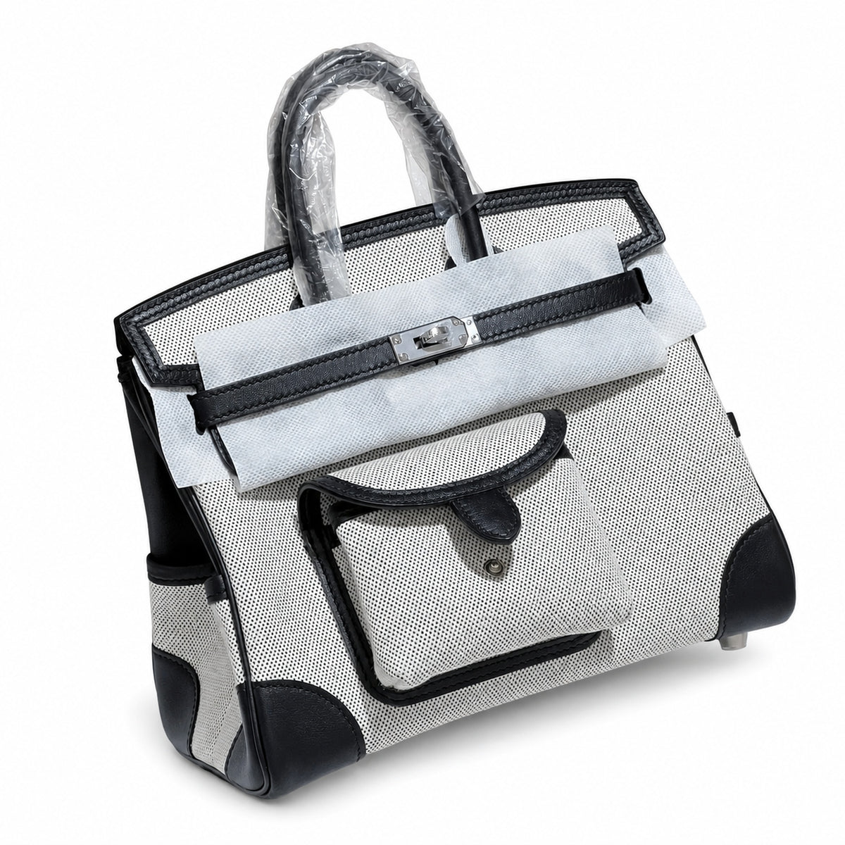 Birkin Cargo 25 Black Leather and Ecru Canvas Multi-Pocket Mini Bag — Classic Hand-Carry Tote