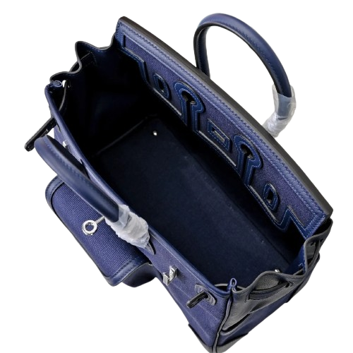 Birkin Cargo 25 Navy Blue Swift Leather and Canvas Splicing Bag — Streamlined Structured Bag