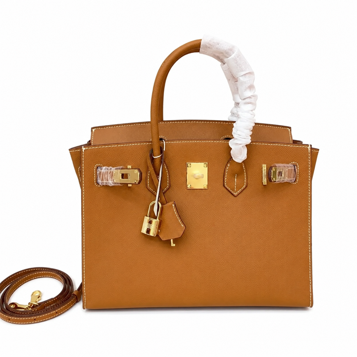 Birkin Style 25/30 Sellier in Gold Epsom Leather with White Stitching (Gold Hardware) — Distinctive Carryall Silhouette