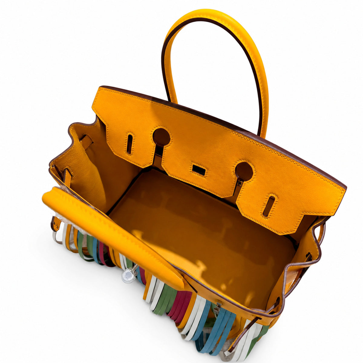 Birkin 30cm HSS Edition in Amber Yellow with Rainbow Swift Fringe — Versatile Top-Handle Handbag