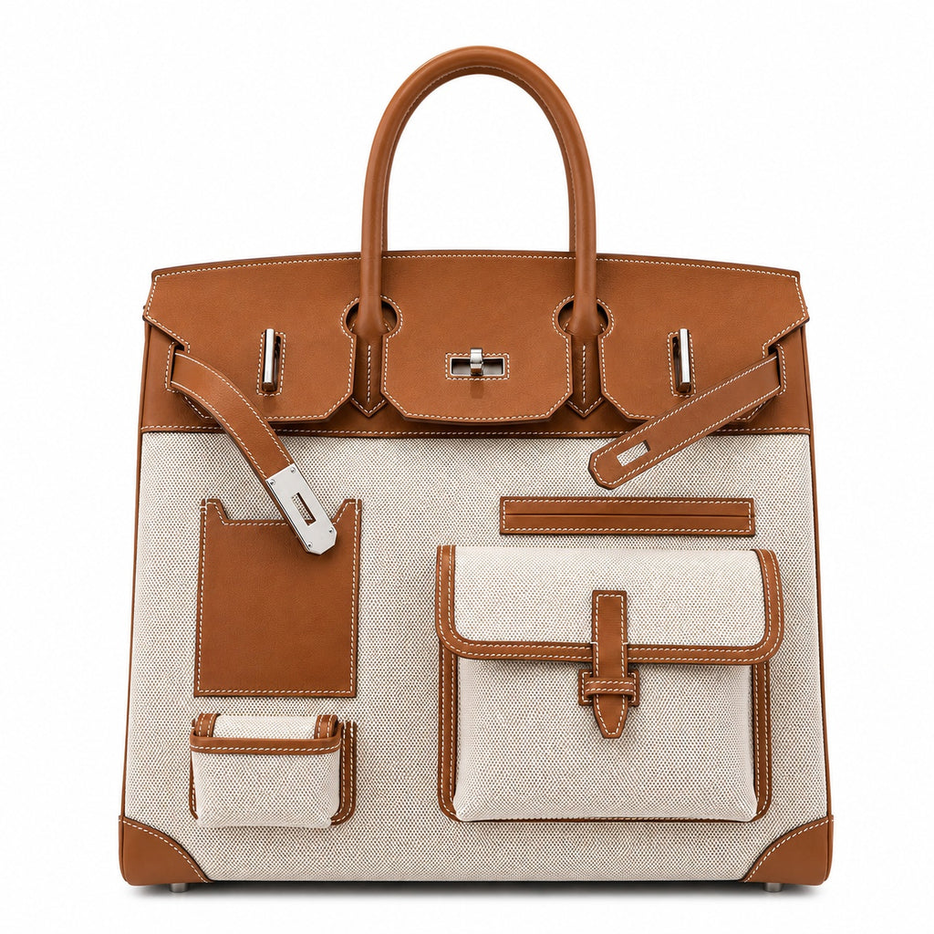 Birkin Cargo 40 Gold Leather and Toile Canvas Multi-Pocket Bag — Distinctive Carryall Silhouette